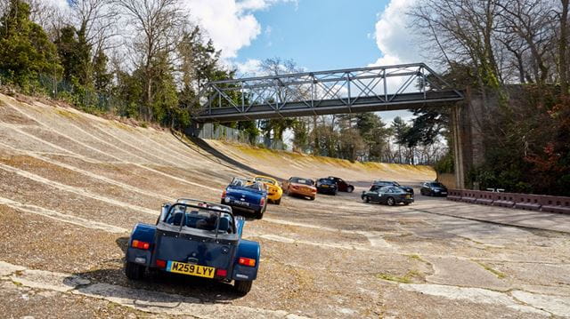 Cars line up on the famous Brooklands banking